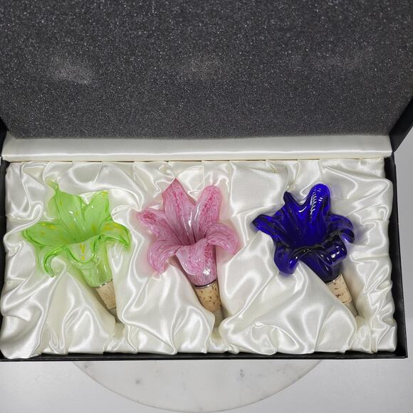 Vtg Murano 3pcs Crystal Flower Cork Stopper Pink Blue Green Hand Blown Art Glass - Picture 1 of 12